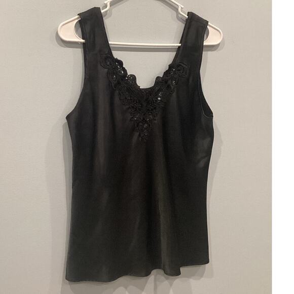 Vtg Womens Camisole Small Cami Tank Top Black Beaded Lace Sequin Y2K Whimsigoth - Picture 9 of 9